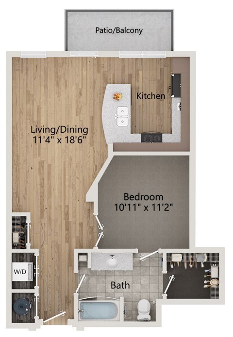 A floor plan of a small apartment with a living room, kitchen, bedroom, bathroom, and a patio/balcony.